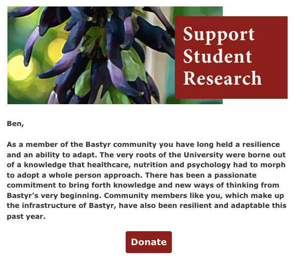 image of an email appeal that features branding matching a post card that was previewed earlier