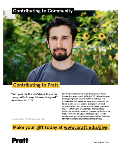 Prattfolio magazing giving ad featuring a brunette alum and highlighting their work at a Brooklyn community garden
