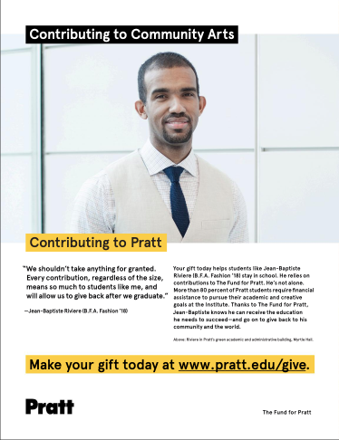 Prattfolio magazing giving ad featuring a Dominican student and highlighting their work