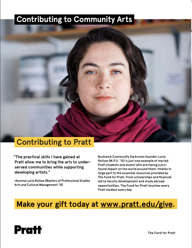 Prattfolio magazing giving ad featuring a brunette alumna and highlighting their work with Bushwick Darkroom